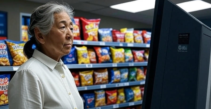 An old lady is looking at the ATM