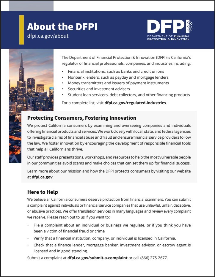 A one page flyer that provides information about the California's Department of Financial Protection and Innovation