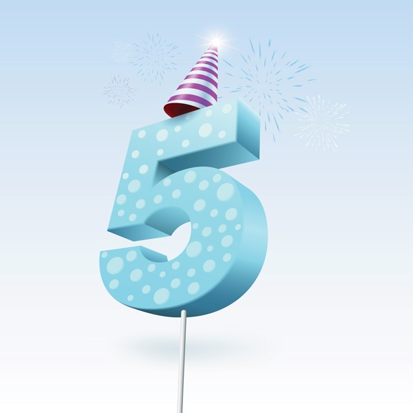 5th anniversary celebration. 3D number 5 wearing a party hat, sparkling fireworks background.