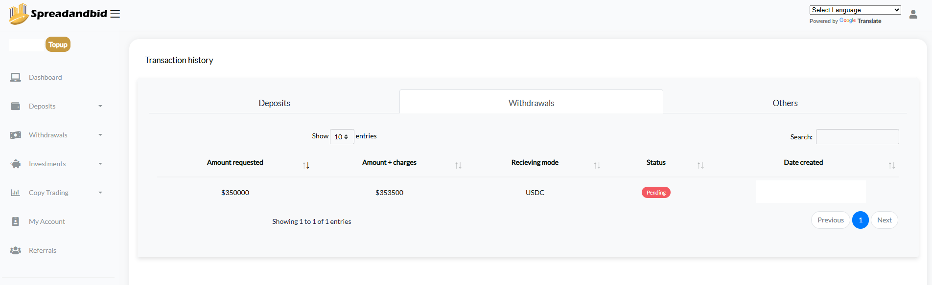 Transaction history interface showing deposits, withdrawals, and other options with amounts and statuses listed.